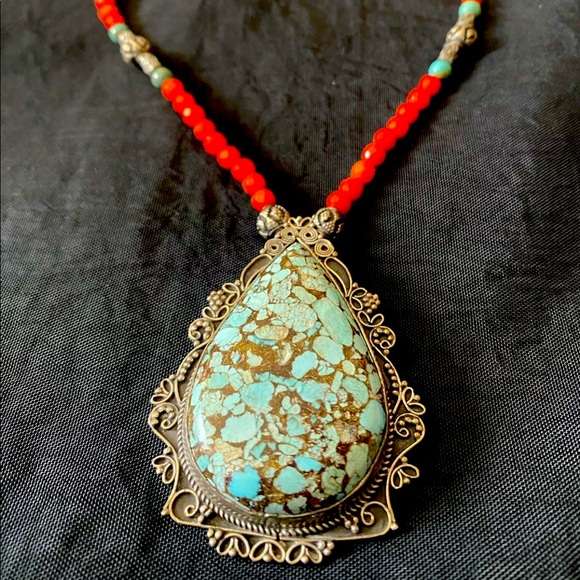 Egyptian Turquoise pendant set in 925 SS on a coral faceted bead necklace NWOT - Picture 1 of 7